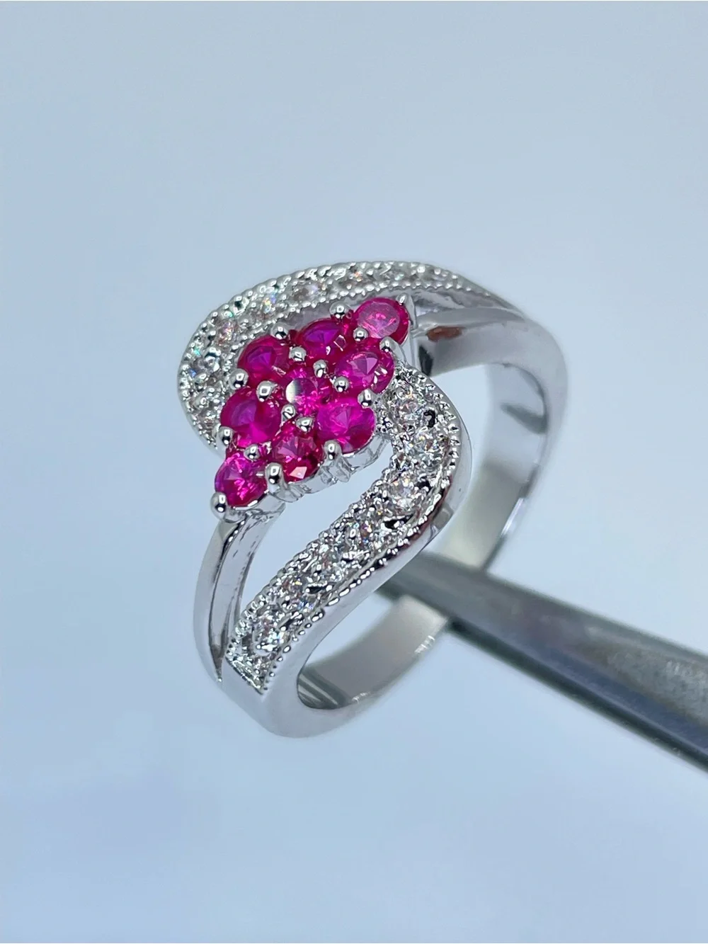 Swarovski Ruby Pink Diamond White Crystal Elements Ring CZ Halo Silver Sz 7